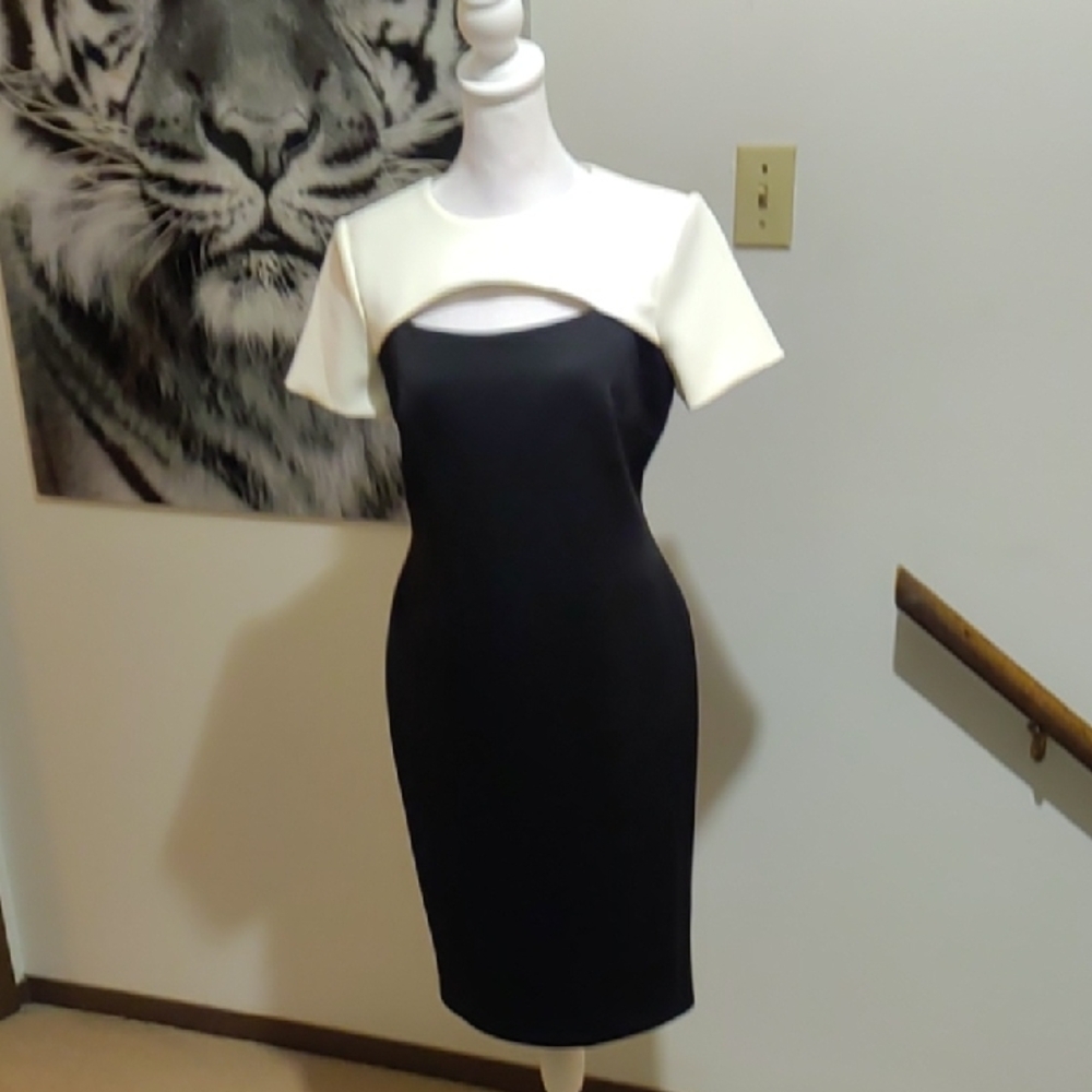 Calvin Klein Black and Cream Asymmetrical Dress